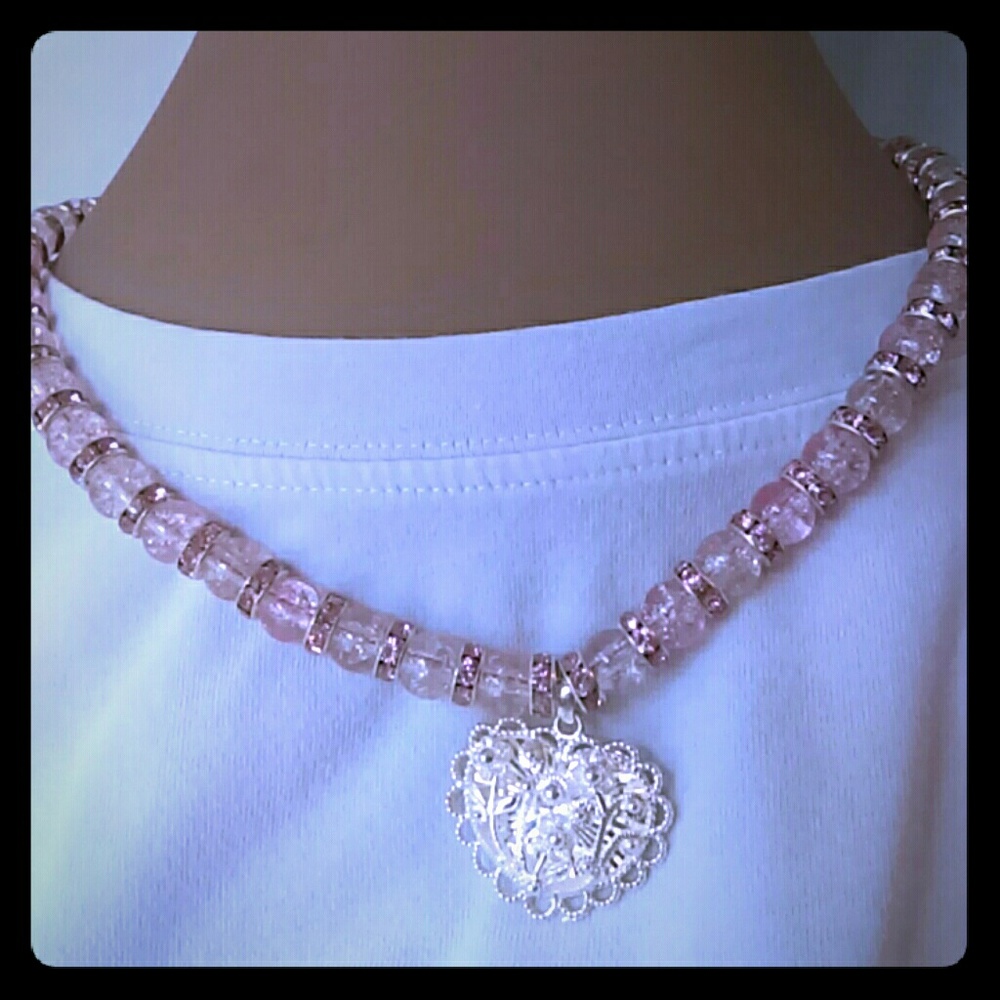 Faux Crackle Glass silver plated Heart Necklac,e